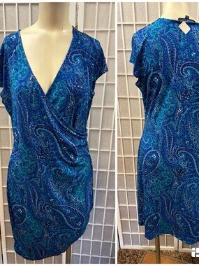 Jones NY,Woman,Casual Dress,Blue,Sz M,V Neck,Knee length,Pullover,Short Sleeve.!